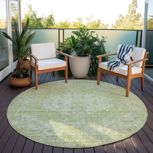 8' Sage And Ivory Round Oriental Washable Indoor Outdoor Area Rug