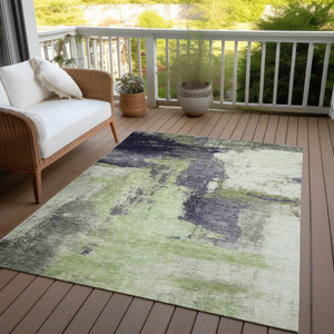 9' X 12' Fern Green Gray And Black Abstract Washable Indoor Outdoor Area Rug
