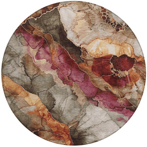 8' Khaki And Blush Round Floral Washable Indoor Outdoor Area Rug