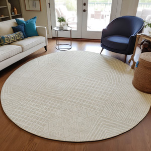 8' Beige And Ivory Round Geometric Washable Indoor Outdoor Area Rug Transitional Style - Beige, Ivory Color