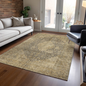 9' X 12' Brown And Beige Medallion Washable Indoor Outdoor Area Rug