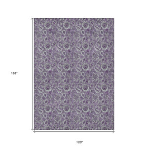 10' X 14' Purple Lilac And Lavender Floral Washable Indoor Outdoor Area Rug