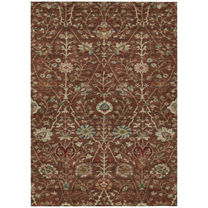 8' X 10' Brown Tan And Red Floral Washable Indoor Outdoor Area Rug