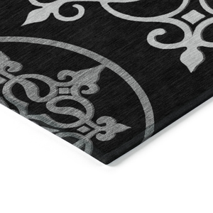 8' X 10' Black Gray And Ivory Floral Medallion Washable Indoor Outdoor Area Rug