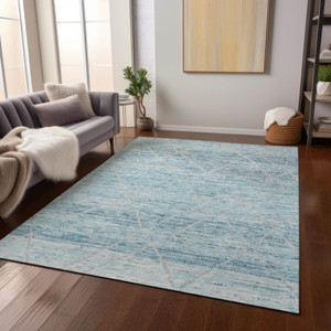 10' X 14' Teal Blue And Ivory Trellis Washable Indoor Outdoor Area Rug