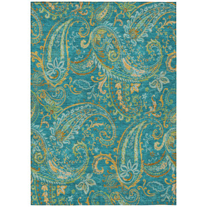 10' X 14' Teal Paisley Washable Non Skid Indoor Outdoor Area Rug