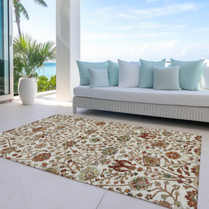 9' X 12' Ivory Brown And Red Floral Washable Indoor Outdoor Area Rug