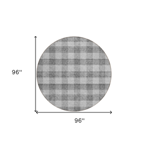 8' Gray And Charcoal Round Plaid Washable Indoor Outdoor Area Rug
