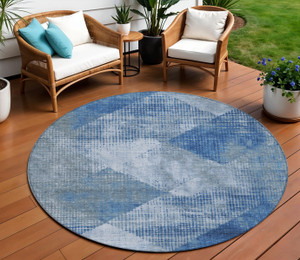 8' Blue And Gray Round Geometric Washable Indoor Outdoor Area Rug