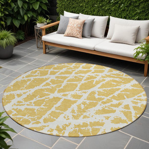8' Round Gold and White Round Abstract Washable Non Skid Indoor Outdoor Area Rug