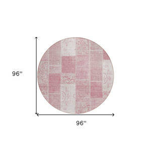 8' Pink Blush And Ivory Round Patchwork Washable Indoor Outdoor Area Rug