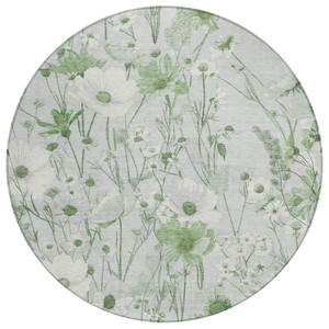 8' Mint Green And Ivory Round Floral Washable Indoor Outdoor Area Rug - Mint Green, Ivory