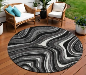8' Black Gray And White Round Abstract Washable Indoor Outdoor Area Rug