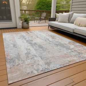 9' X 12' Coral And Ivory Abstract Washable Indoor Outdoor Area Rug - Coral, Ivory