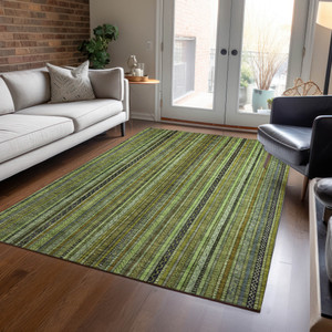 10' X 14' Green Gold And Gray Striped Washable Indoor Outdoor Area Rug
