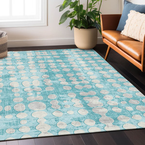 8' X 10' Teal Blue And Ivory Abstract Washable Indoor Outdoor Area Rug - 608219280246