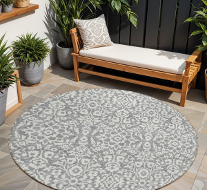 8' Gray And Ivory Round Damask Washable Indoor Outdoor Area Rug