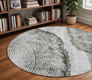 8' Gray Taupe And Silver Round Abstract Washable Indoor Outdoor Area Rug