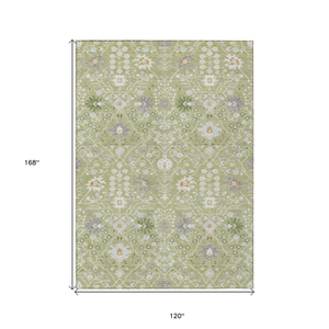 10' X 14' Artichoke Green Gray And Ivory Oriental Washable Indoor Outdoor Area Rug