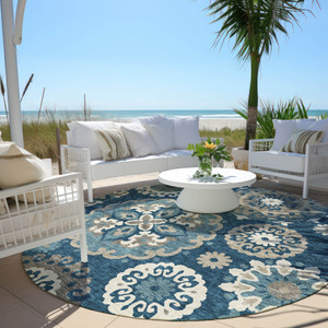 8' Navy Blue And Taupe Round Floral Medallion Washable Indoor Outdoor Area Rug