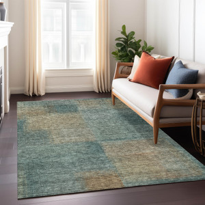10' X 14' Teal Blue Brown And Taupe Abstract Washable Indoor Outdoor Area Rug
