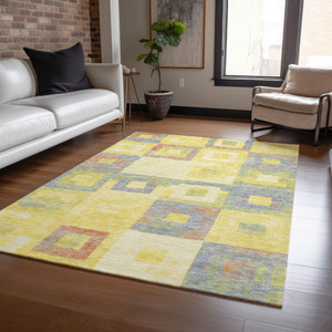 8' X 10' Yellow Blue And Terra Cotta Geometric Washable Indoor Outdoor Area Rug