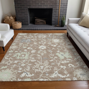 9' X 12' Taupe Beige And Gray Floral Washable Indoor Outdoor Area Rug - Taupe, Beige, Gray