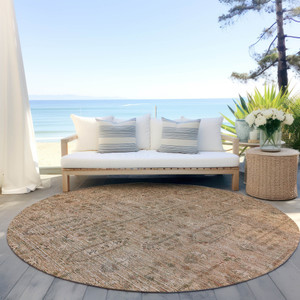 8' Terra Cotta And Copper Round Southwestern Washable Indoor Outdoor Area Rug