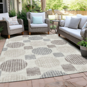 9' X 12' Ivory Brown And Gray Geometric Washable Indoor Outdoor Area Rug - 608219136444