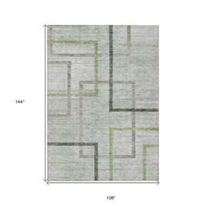 9' X 12' Green And Charcoal Geometric Washable Indoor Outdoor Area Rug