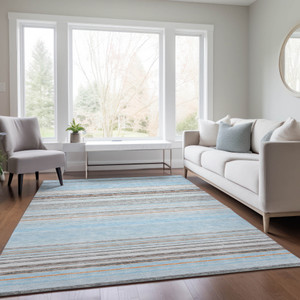 9' X 12' Sky Blue Gray And Beige Striped Washable Indoor Outdoor Area Rug