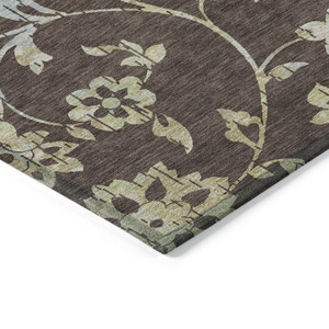 9' X 12' Chocolate Sky Blue And Artichoke Green Floral Washable Indoor Outdoor Area Rug