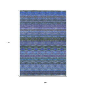 8' X 10' Blue and Green Striped Washable Non Skid Indoor Outdoor Area Rug