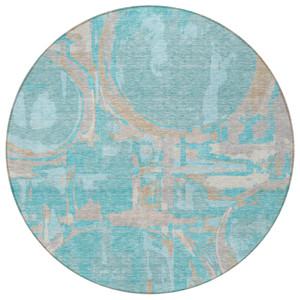 8' Teal Blue Aqua And Taupe Round Geometric Washable Indoor Outdoor Area Rug