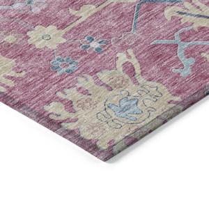 10' X 14' Pink Ivory And Denim Blue Floral Washable Indoor Outdoor Area Rug
