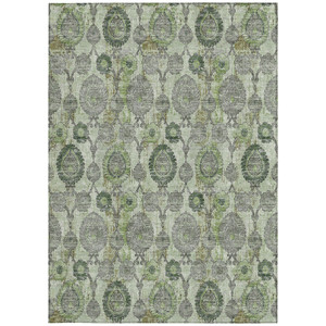 8' X 10' Artichoke Green And Fern Green Damask Washable Indoor Outdoor Area Rug