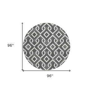 8' Black And Ivory Round Geometric Washable Indoor Outdoor Area Rug