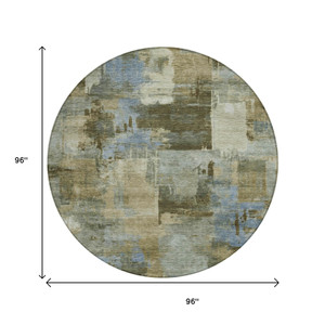 8' Green Gray And Sky Blue Round Abstract Washable Indoor Outdoor Area Rug