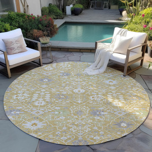 8' Gold Ivory And Gray Round Oriental Washable Indoor Outdoor Area Rug