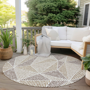 8' Brown Taupe And Beige Round Geometric Washable Indoor Outdoor Area Rug