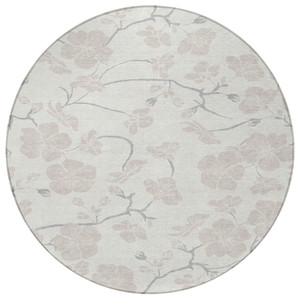 8' Ivory And Gray Round Floral Washable Indoor Outdoor Area Rug - 880016689181