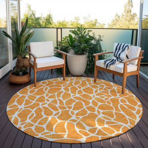 8' Orange And Ivory Round Geometric Washable Indoor Outdoor Area Rug Transitional Style - Orange, Ivory Color