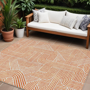 10' X 14' Orange And Ivory Abstract Washable Indoor Outdoor Area Rug - 608219351694