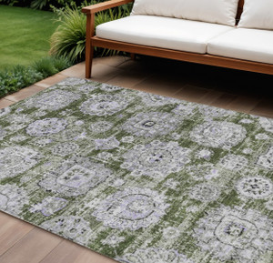 10' X 14' Olive Green And Gray Floral Washable Indoor Outdoor Area Rug