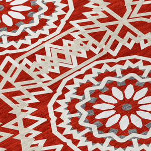 8' Red Beige And Ivory Round Floral Medallion Washable Indoor Outdoor Area Rug