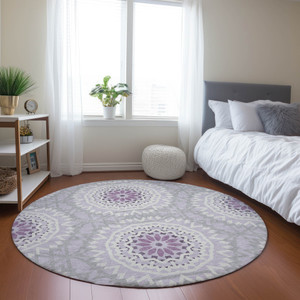 8' Lilac Purple And Ivory Round Floral Medallion Washable Indoor Outdoor Area Rug