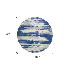 8' Navy Blue And Ivory Round Striped Washable Indoor Outdoor Area Rug - Navy Blue, Ivory