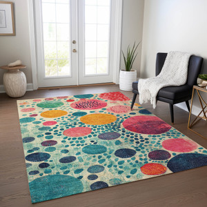 8' X 10' Teal Blue Pink And Orange Geometric Washable Indoor Outdoor Area Rug
