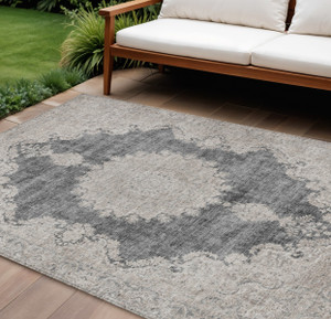 9' X 12' Black And Ivory Oriental Washable Indoor Outdoor Area Rug