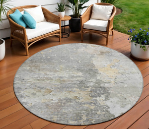 8' Gray Round Abstract Washable Indoor Outdoor Area Rug - Gray